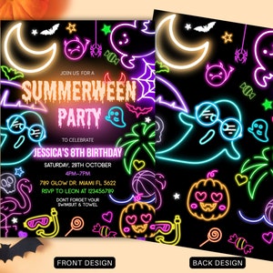 May include: Neon pink, green, blue, and yellow glow-in-the-dark Halloween party invitation with the text "Summerween Party" to celebrate Jessica's 8th birthday. The back of the invitation features a repeating pattern of neon ghosts, pumpkins, and palm trees.