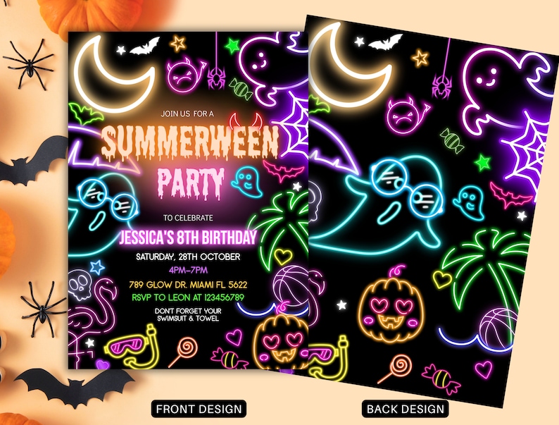 May include: Neon pink, green, blue, and yellow glow-in-the-dark Halloween party invitation with the text "Summerween Party" to celebrate Jessica's 8th birthday. The back of the invitation features a repeating pattern of neon ghosts, pumpkins, and palm trees.