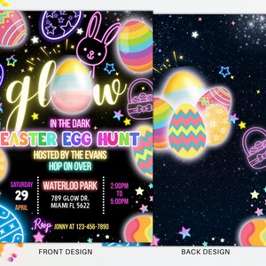 Op de afbeelding: Uitnodiging voor een glow-in-the-dark paaseierenjacht met een neonroze, blauwe en gele kleurschema. De uitnodiging toont een konijn, sterren en een mand met eieren. De tekst luidt "Glow in the Dark Easter Egg Hunt" en bevat de datum, tijd en locatie van het evenement.