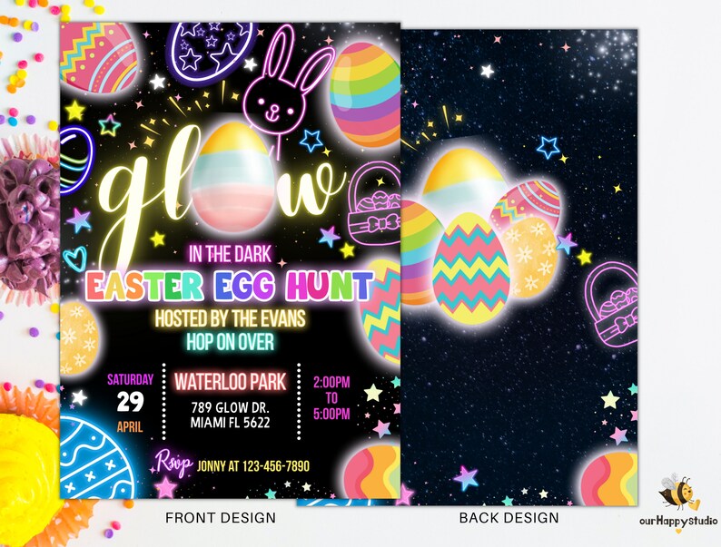 Op de afbeelding: Uitnodiging voor een glow-in-the-dark paaseierenjacht met een neonroze, blauwe en gele kleurschema. De uitnodiging toont een konijn, sterren en een mand met eieren. De tekst luidt "Glow in the Dark Easter Egg Hunt" en bevat de datum, tijd en locatie van het evenement.