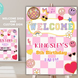 May include: A pink and white checkered welcome sign with a disco ball, smiley faces, peace signs, and hearts. The sign says "Welcome to Kingsley's 8th Birthday Party!"