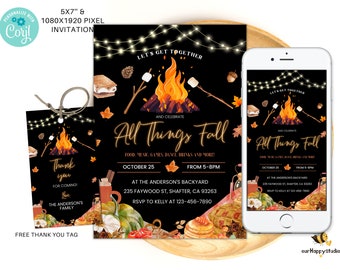 May include: A 5x7 inch printable invitation for a fall party with a campfire, marshmallows, and the text "Let's Get Together and Celebrate All Things Fall". The invitation includes details about the event, including the date, time, location, and RSVP information.