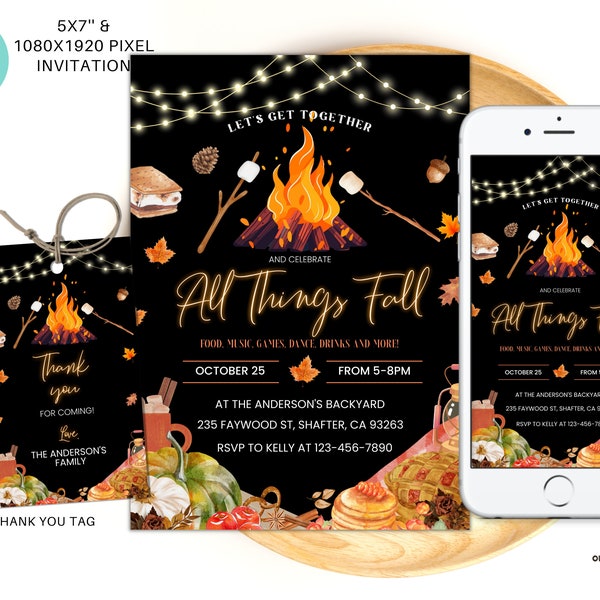 Editable Fall party invitation, Fall harvest party text invitation, Fall event flyer, Fall festival invite, Bonfire invite 5x7'' Evite FP03