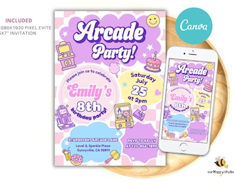 May include: A digital invitation for an arcade-themed birthday party. The design features a pink and purple color scheme with arcade game illustrations, the text "Arcade Party!", and details for the event. A smartphone displays the invitation.