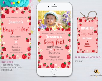 Editable Berry First Birthday Evite with photo template, Strawberry 1st Birthday Invitation, Berry party, fruit girl birthday invitation S02