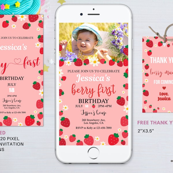 Editable Berry First Birthday Evite with photo template, Strawberry 1st Birthday Invitation, Berry party, fruit girl birthday invitation S02