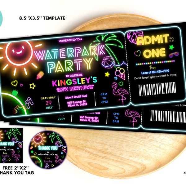 Bearbeitbare Wasserparkparty-Eintrittskarte, Glow Pool Party Ticket, Tropical Neon Geburtstag Poolparty Einladung Schwimmparty sofort-Download