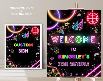 May include: Neon sign welcome party decoration with the text "WELCOME TO KINGSLEY'S 12TH BIRTHDAY" in rainbow colors on a black background with stars and other neon shapes.