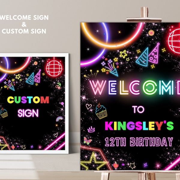 Editable Glow Birthday Welcome Sign Template, Neon Custom Sign template, Glow Welcome sign Neon digital Custom Sign pack