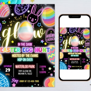 Op de afbeelding: Uitnodiging voor een glow-in-the-dark paaseierenjacht met een neonroze, blauwe en gele eidesign. De uitnodiging bevat de tekst "Glow in the Dark Easter Egg Hunt" en details over het evenement, inclusief datum, tijd, locatie en contactgegevens.