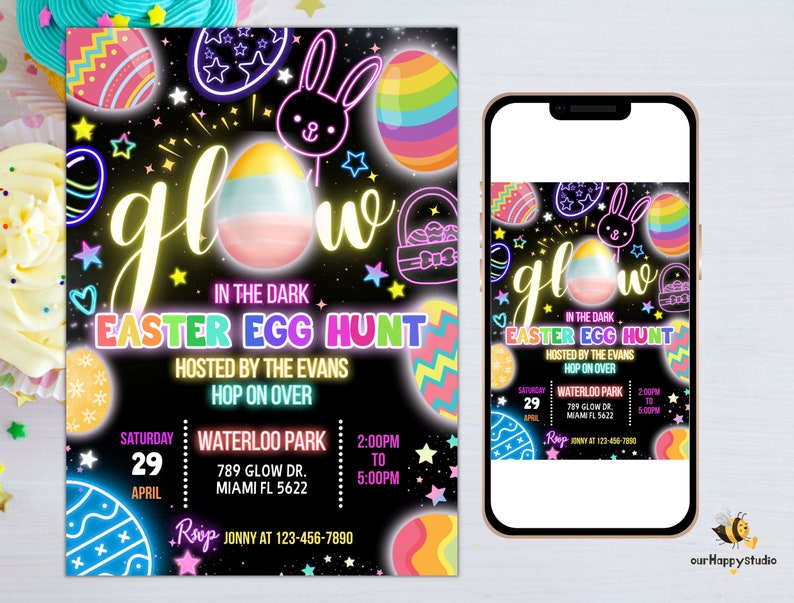 Op de afbeelding: Uitnodiging voor een glow-in-the-dark paaseierenjacht met een neonroze, blauwe en gele eidesign. De uitnodiging bevat de tekst "Glow in the Dark Easter Egg Hunt" en details over het evenement, inclusief datum, tijd, locatie en contactgegevens.