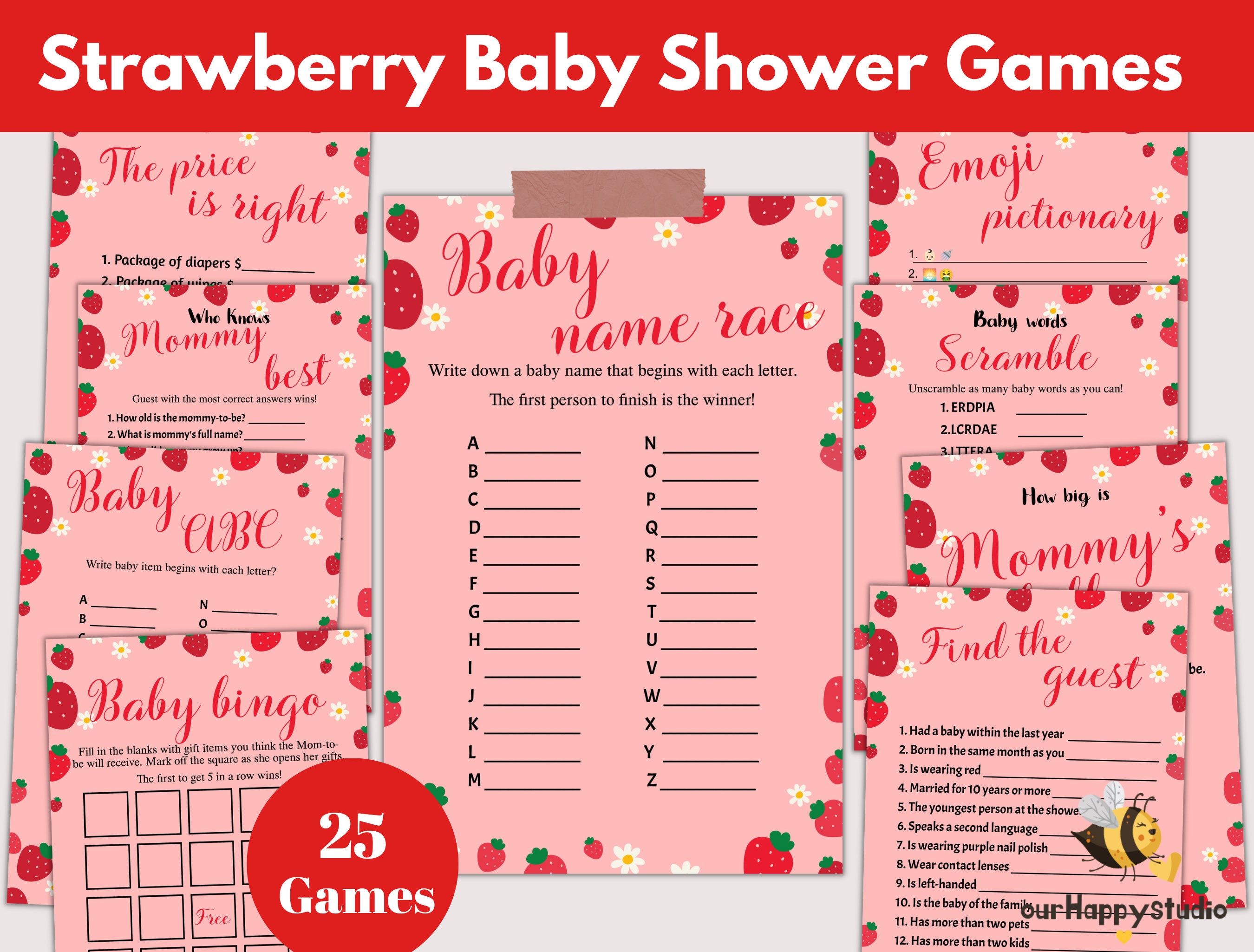 Editable Strawberry baby shower Games bundle, Berry baby shower package, Printable berry sweet baby shower games bundle