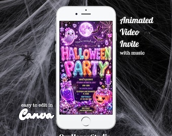 Animated Halloween Party Invitation, Purple Ghost Video Evite (Canva Template)