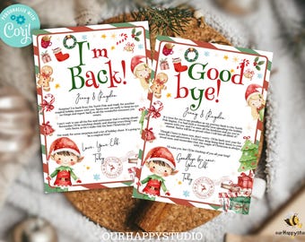 May include: Two printable Christmas elf letters with watercolor illustrations. The first letter says "I'm Back!" and the second letter says "Good Bye!" Both letters are addressed to Jenny & Rayden. The letters are decorated with red and green stripes, candy canes, and a gingerbread man.