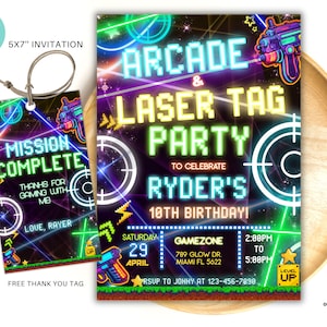 Editable Boy Arcade and Laser Tag Party Invitation Neon Birthday Party Invite Aracade birthday kids laser party instant download ALT1