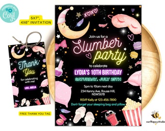 Editable Slumber birthday invite Sleepover party birthday invitation girl Spa tween teen glow invite digital download template S03
