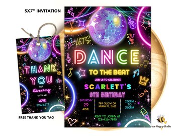 May include: A neon pink, blue, and green invitation for a 9th birthday party with a disco ball graphic and the text "Let's Dance to the Beat". The invitation includes the birthday girl's name, date, time, and RSVP information.