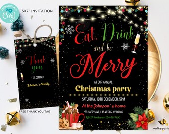 Könnte beinhalten: Eine schwarze und goldene Weihnachtsfeier-Einladung mit einem roten und grünen Weihnachtsstern-Design. Die Einladung lautet "Eat, Drink and be Merry" und enthält den Text "At our annual Christmas party".