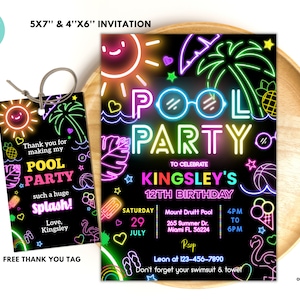 Editable pool party invitation, Glow water park invite, Tropical neon birthday pool party invitation swimming party instant download PG02