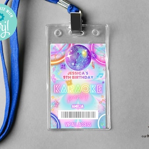 Bewerkbare sjabloon VIP-pas voor karaokefeest, sjabloon toegangskaart discofeest, VIP-badge Glow dance party voor lanyards direct downloaden