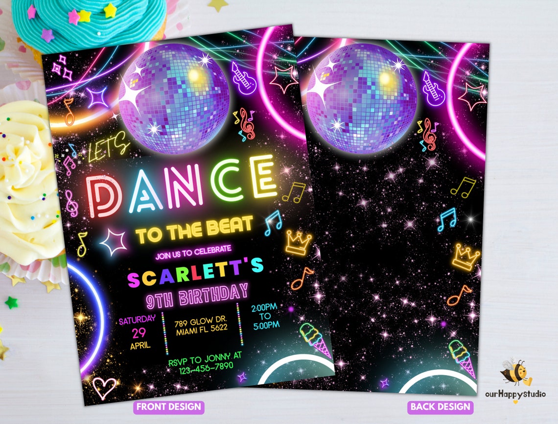 Editable dance party birthday invitation glow gender neutral etsy