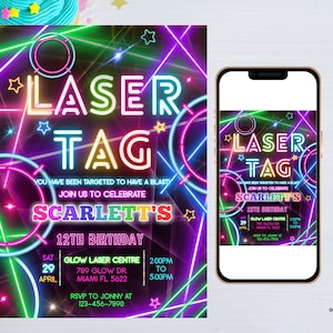 Editable Laser Tag Party Invitation Neon Birthday Party Invite glow laser tag birthday neutral laser party instant download LT01 zdjęcie 3