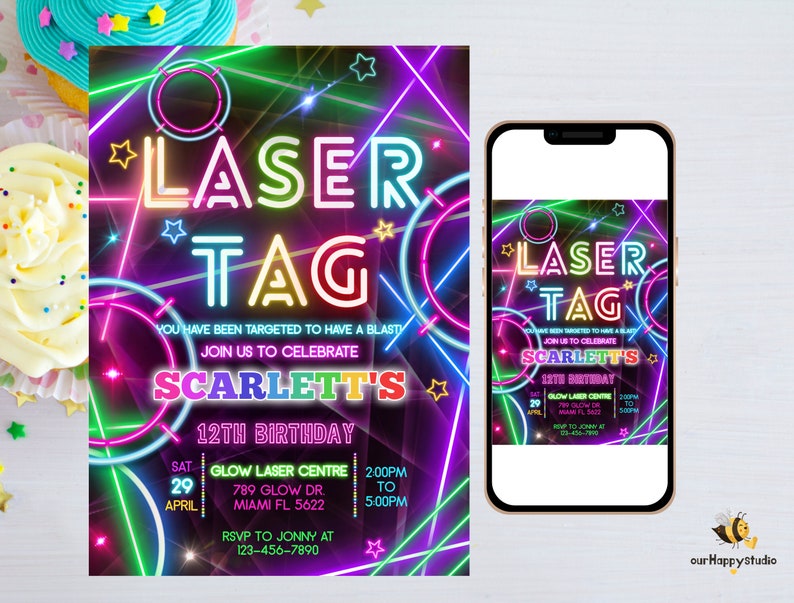 Bewerkbare lasergame uitnodiging voor feest Neon verjaardagsfeestje uitnodigen gloed lasergame verjaardag neutrale laser partij instant download LT01 afbeelding 3