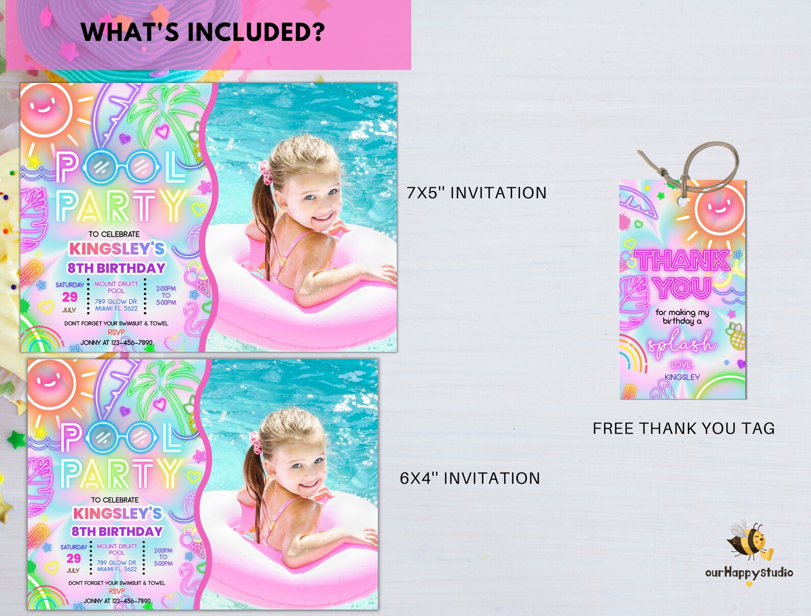 Photo Party Invitations Editable Pool Party Photo Invitation, Glow Neon Photo Invite, Tropical ...