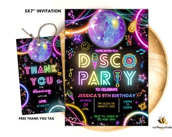 Editable Disco Party Birthday Invitation, Disco Gender Neutral Invites, Dance Party Template, Neon Party Invites Editable Glow Party D05