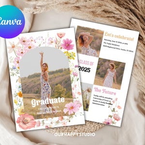 Editable Graduation 2025 template, Minimalist Graduation Announcement, Wildflower Graduation Party Invitation, Graduation Canva template