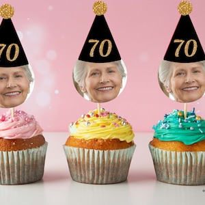 Editable Black Birthday photo cupcake topper, 50th 60th 70th birthday hat photo cupcake topper, Gender neutral any age cupcake topper 01