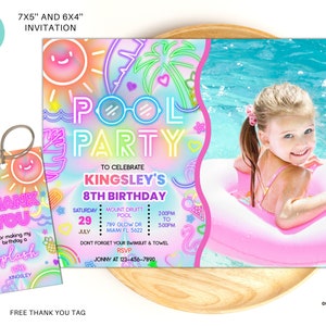 Invito fotografico modificabile per festa in piscina, invito fotografico al neon luminoso, invito per festa in piscina di compleanno con tintura per cravatta tropicale, download istantaneo per festa in piscina