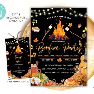Op de afbeelding: Een printbare uitnodiging voor een kampvuurfeest. De uitnodiging toont een kampvuur met vlammen, marshmallows en een gitaar. De tekst luidt "Let's get together and have a backyard bonfire party!" met details over het evenement, inclusief datum, tijd, locatie en RSVP-informatie.