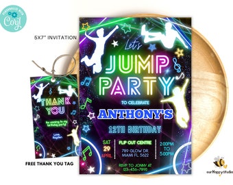 Editable Jump Party Birthday Invitation, glow Trampoline party Neutral Invites, bounce house party, Neon Party Invites Editable Glow Party