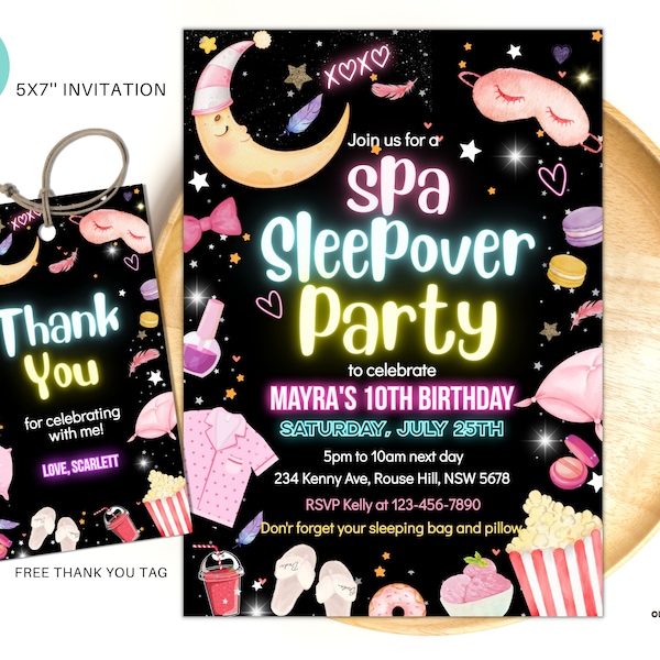 Editable SPA Sleepover birthday invite Slumber party birthday invitation Pink girl Spa tween teen glow digital download template S05