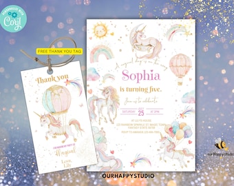 Editable Unicorn Birthday Invitation Pastel Rainbow Unicorn Party Invite Girl Pink Magical Birthday Printable Digital Download Template