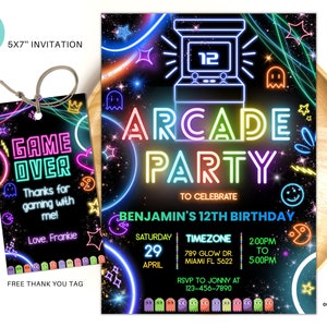 Editable Arcade birthday party invitation Neon boy game party glow gaming arcade birthday party neon glow party instant download AB02