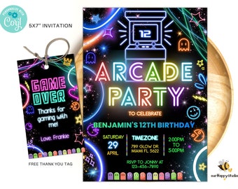 Editable Arcade birthday party invitation Neon boy game party glow gaming arcade birthday party neon glow party instant download AB02