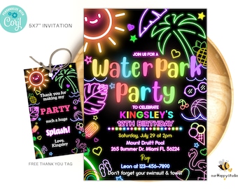 Editable water park birthday invitation Glow Aquapark invite, Waterslide birthday pool party invitation summer party instant download W01