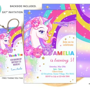 Editable Unicorn Rainbow Birthday Invitation, Rainbow Unicorn Floral Invites, Unicorn Party digital download, Rainbow birthday template 02