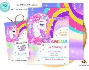May include: A printable invitation for a unicorn-themed birthday party. The invitation features a rainbow, stars, and a unicorn with a pink mane and flowers. The text on the invitation reads "A magical day is on the way!" and "Amelia is turning 5!"