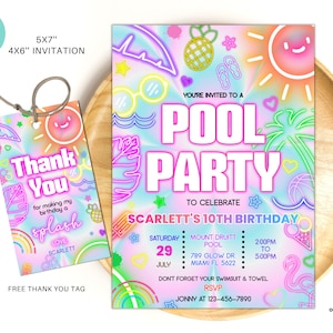 Editable pool party invitation, Glow neon invite, Tropical tie dye birthday pool party invitation swimming party instant download PTD01