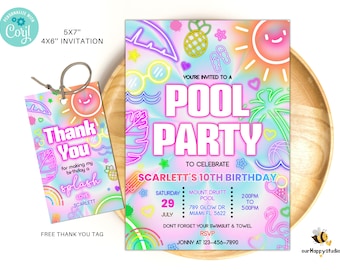 Editable pool party invitation, Glow neon invite, Tropical tie dye birthday pool party invitation swimming party instant download PTD01