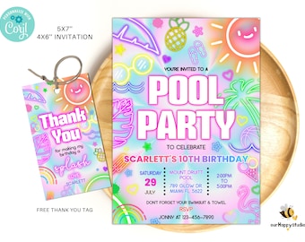 Editable pool party invitation, Glow neon invite, Tropical tie dye birthday pool party invitation swimming party instant download PTD01