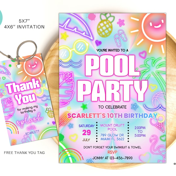 Editable pool party invitation, Glow neon invite, Tropical tie dye birthday pool party invitation swimming party instant download PTD01