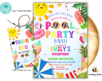 Editable Tropical Pool Party Invitation, Splish Splash (Digital Download) PP01