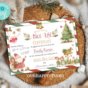 May include: A festive Christmas-themed certificate with a red and green border. The certificate features illustrations of Santa Claus, a Christmas tree, and elves. Text includes "Santa's Official Nice List Certificate" and space for a name and date.