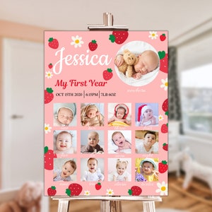 Cartel de cumpleaños con motivo de un hito de fresa, plantilla de póster del primer año del bebé, tablero de hitos del primer cumpleaños del bebé, collage de fotos del primer cumpleaños de bayas