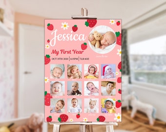 Strawberry Milestone birthday sign, baby's first year poster template, baby 1st birthday milestone board, berry first birthday photo collage