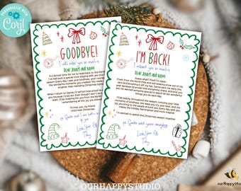 May include: Two Christmas-themed cards with handwritten messages. One says "Goodbye!" and the other says "I'm Back!" Both cards have a green scalloped border and festive illustrations like a bow, bell, and elf hat. The cards are on a wooden surface.